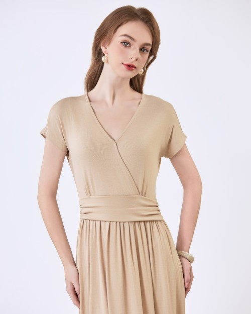 SIXDO G-Beige V-Neck Woven Flared Dress